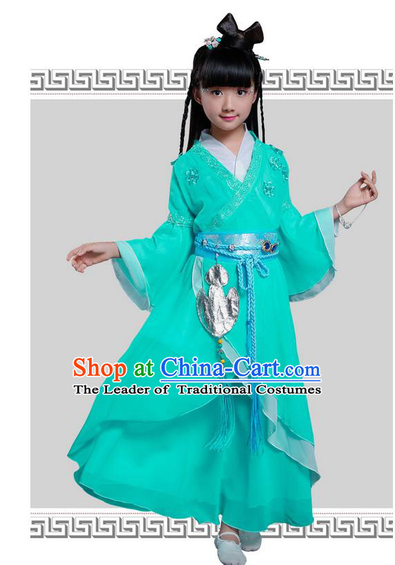 Top Grade Chinese Ancient Princess Costume, Children Peri Elegant Hanfu Dress Green Clothing for Kids