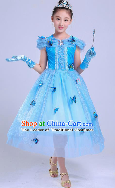 Top Grade Chinese Professional Performance Costume, Children Bubble Full Dress Modern Dance Blue Dress for Girls Kids