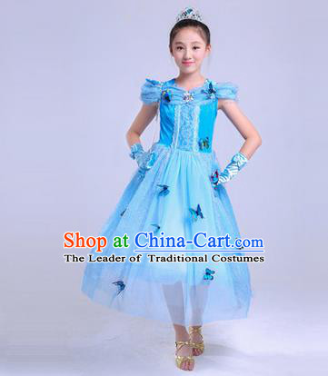 Top Grade Chinese Professional Halloween Performance Butterfly Costume, Children Cosplay Princess Blue Bubble Dress for Kids