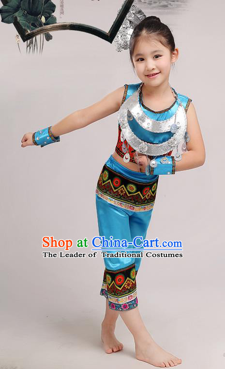 Top Grade Chinese Miao Nationality Little Girls Costume, Children Hmong Dance Blue Clothing for Kids
