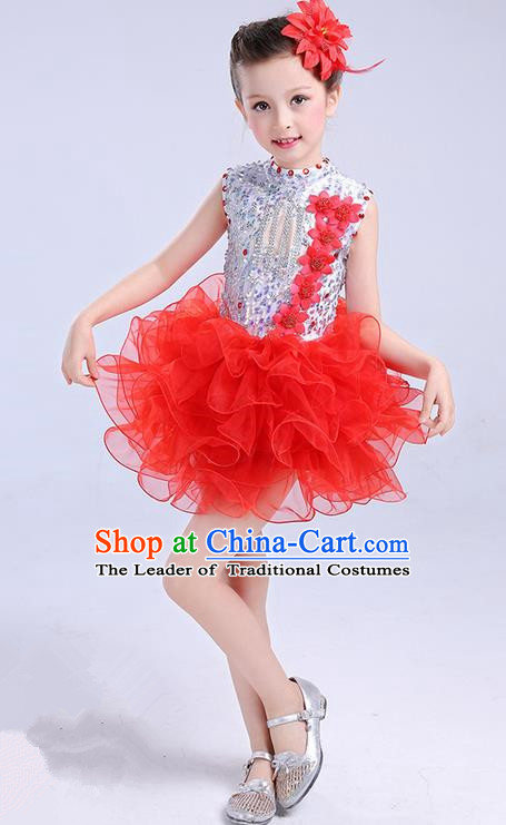Top Grade Chinese Professional Performance Jazz Dance Costume, Children Modern Dance Red Bubble Dress for Kids