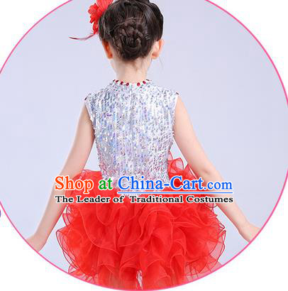 Top Compere Performance Catwalks Costume Children Chorus Red Dress with Wings Modern Dance Princess Short Red Bubble Dress for Girls Kids