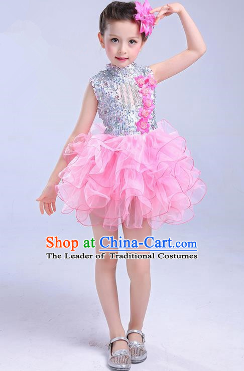 Top Grade Chinese Professional Performance Jazz Dance Costume, Children Modern Dance Pink Bubble Dress for Kids