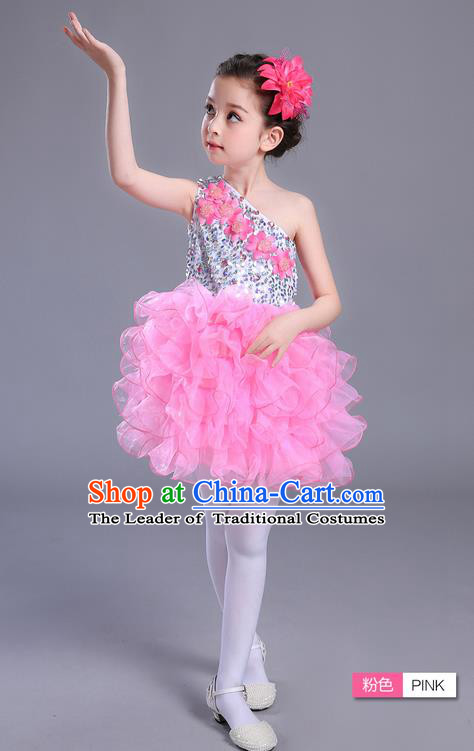 Top Compere Performance Catwalks Costume Children Chorus Red Dress with Wings Modern Dance Princess Short Red Bubble Dress for Girls Kids