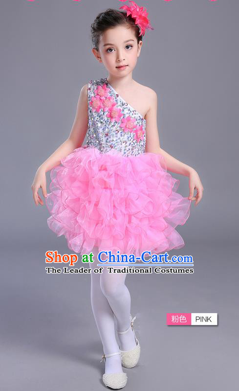 Top Grade Chinese Professional Performance Jazz Dance Costume, Children Modern Dance One-shoulder Pink Bubble Dress for Kids