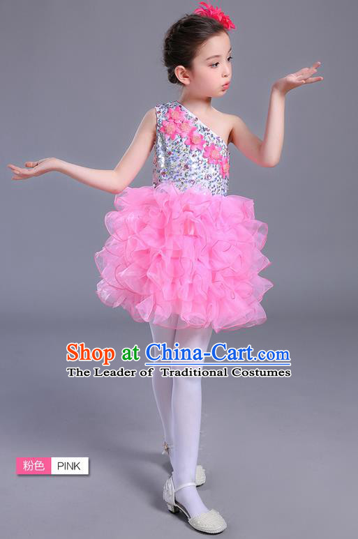 Top Compere Performance Catwalks Costume Children Chorus Red Dress with Wings Modern Dance Princess Short Red Bubble Dress for Girls Kids