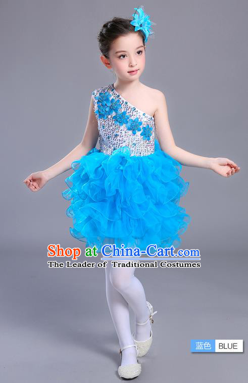 Top Compere Performance Catwalks Costume Children Chorus Red Dress with Wings Modern Dance Princess Short Red Bubble Dress for Girls Kids