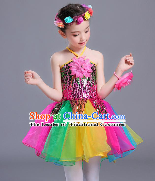 Top Grade Chinese Professional Performance Costume, Children Bubble Full Dress Modern Dance Paillette Dress for Girls Kids