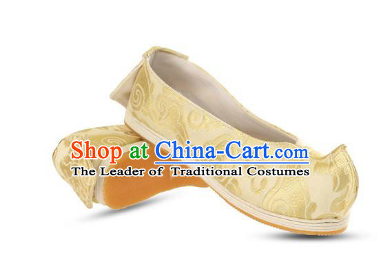 Chinese Ancient Peking Opera Young Lady Silk Damask Shoes, Traditional Chinese Beijing Opera Ancient Princess Hanfu Cloth Shoes Bow Shoes for Women