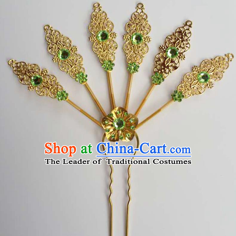 Traditional Thailand Ancient Handmade Hair Accessories Headpiece, Traditional Thai China Dai Nationality Green Crystal Hairpins Headwear for Women
