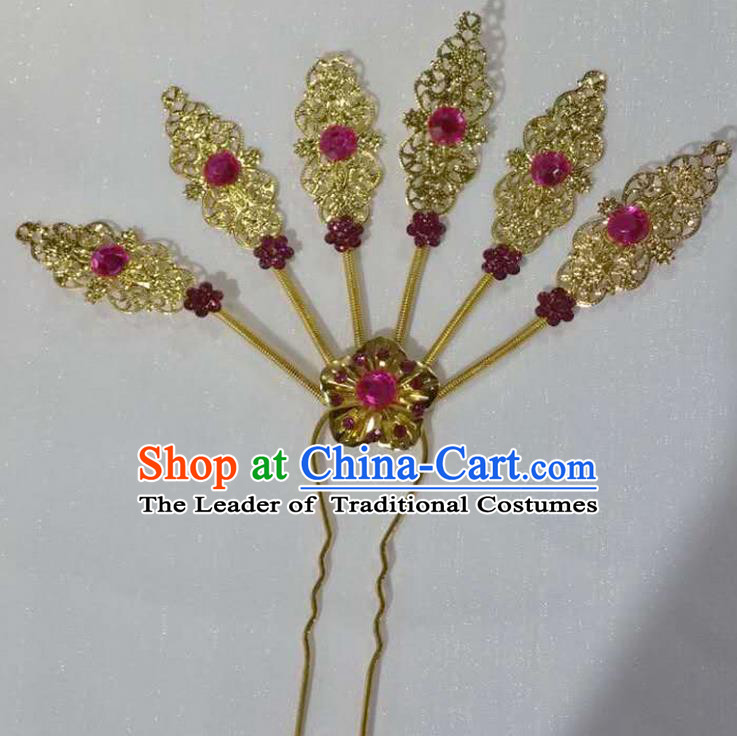 Traditional Thailand Ancient Handmade Hair Accessories Headpiece, Traditional Thai China Dai Nationality Pink Crystal Hairpins Headwear for Women