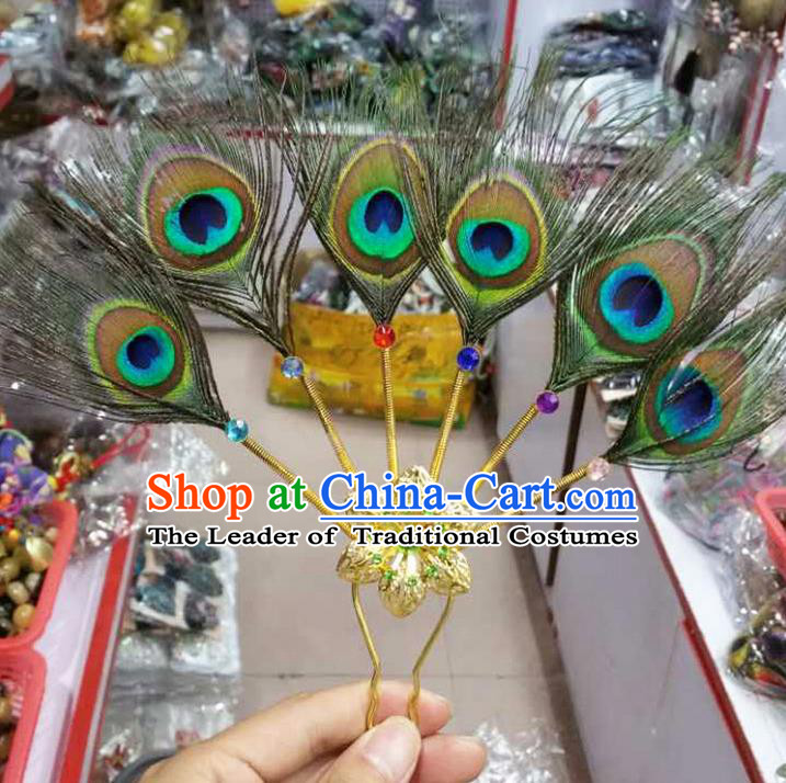 Traditional Thailand Ancient Handmade Hair Accessories Peacock Feather Headpiece, Traditional Thai China Dai Nationality Hairpins Headwear for Women