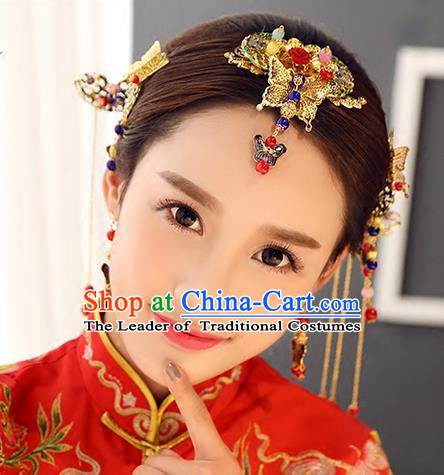 Top Grade Chinese Handmade Wedding Hair Accessories, Traditional China Xiuhe Suit Phoenix Coronet Bride Headwear Hairpins Complete Set for Women