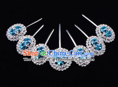 Chinese Ancient Peking Opera Head Accessories Young Lady Diva Crystal Blue Hairpins Complete Set, Traditional Chinese Beijing Opera Hua Tan Hair Clasp Head-ornaments