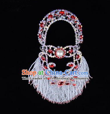 Chinese Ancient Peking Opera Head Accessories Young Lady Diva Red Pearl Hairpins Back Temples Curtain, Traditional Chinese Beijing Opera Hua Tan Hair Clasp Head-ornaments