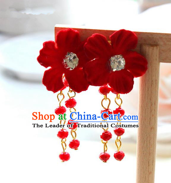 Top Grade Handmade Wedding Bride Accessories Earrings, Traditional Princess Wedding Red Flower Eardrop for Women