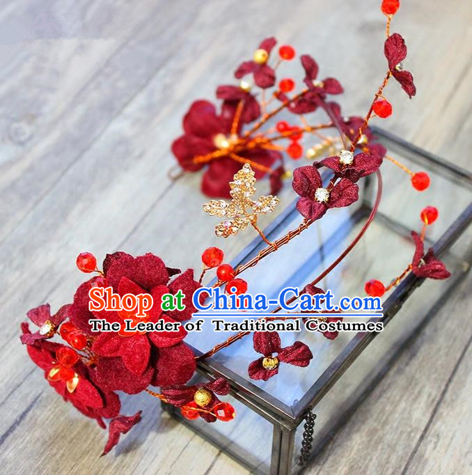 Top Grade Handmade Wedding Bride Hair Accessories Red Flowers Headwear, Traditional Princess Baroque Pearl Headpiece for Women