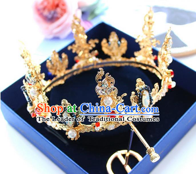 Top Grade Handmade Wedding Bride Hair Accessories Luxury Queen Golden Crown, Traditional Baroque Princess Crystal Royal Crown Wedding Headpiece for Women