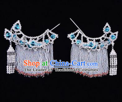 Chinese Ancient Peking Opera Head Accessories Diva Blue Crystal Tassel Hairpins Temples Curtain, Traditional Chinese Beijing Opera Princess Hua Tan Hair Clasp Head-ornaments