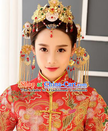 Top Grade Chinese Handmade Wedding Hair Accessories, Traditional China Xiuhe Suit Phoenix Coronet Bride Tassel Headwear Hairpins Complete Set for Women