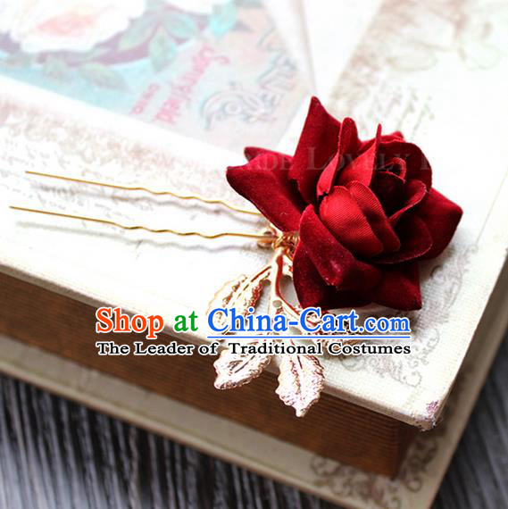 Top Grade Handmade Wedding Bride Hair Accessories Headwear, Traditional Princess Baroque Rose Hairpin Wedding Headpiece for Women