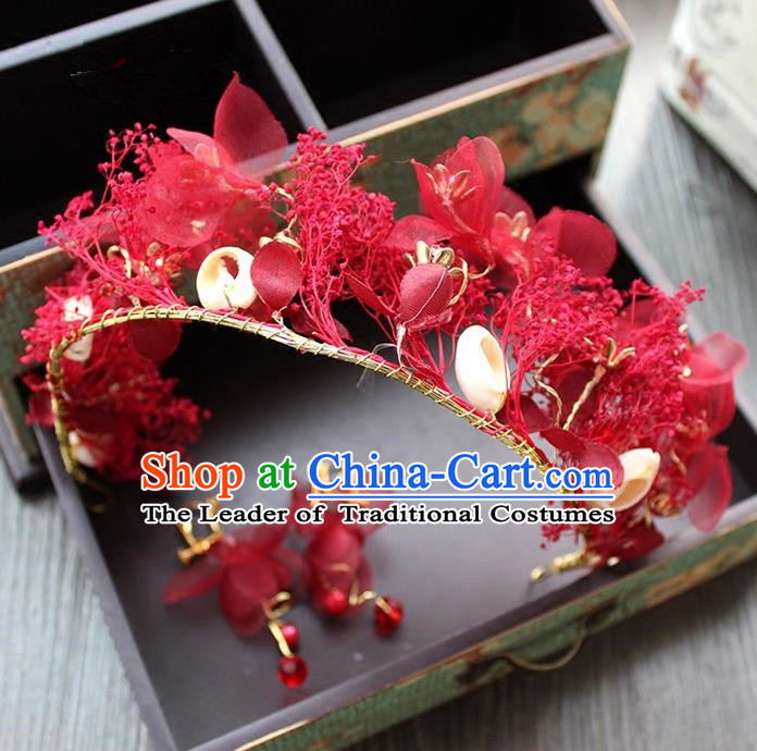 Top Grade Handmade Wedding Bride Hair Accessories Headwear and Earrings, Traditional Baroque Queen Red Silk Royal Crown Wedding Headpiece for Women