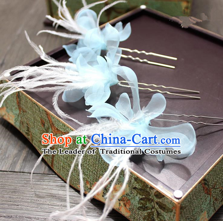 Top Grade Handmade Wedding Bride Hair Accessories Hairpins, Traditional Baroque Queen Feather Blue Silk Hair Stick Wedding Headpiece for Women