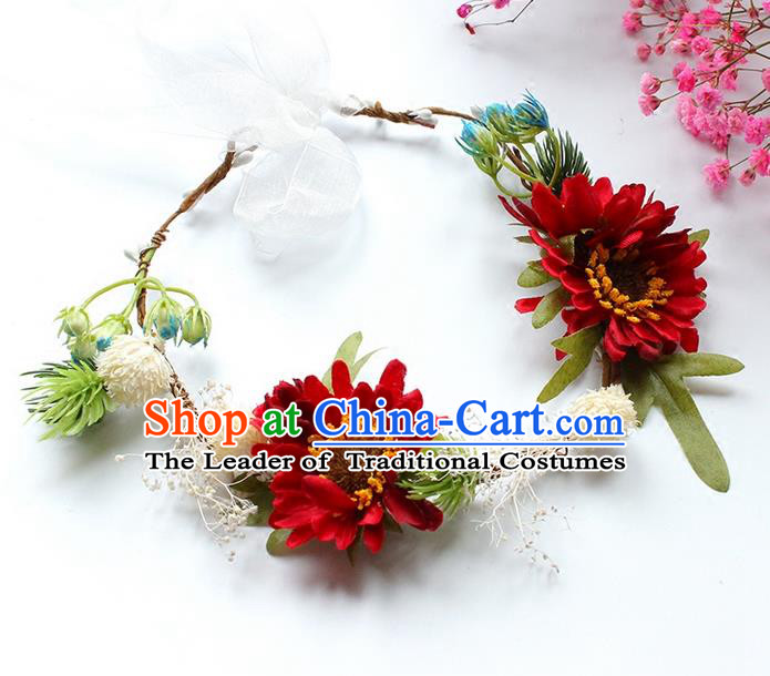 Top Grade Handmade Wedding Bride Hair Accessories Headwear Garland, Traditional Princess Crystal Wedding Red Flowers Headpiece for Women