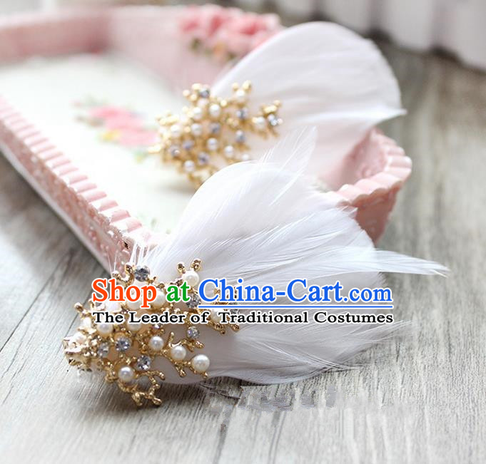 Top Grade Handmade Wedding Bride Hair Accessories Feather Hairpin Hair Clip, Traditional Princess Baroque Pearl Headpiece for Women