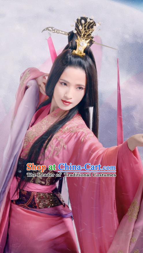 Traditional Ancient Chinese Peri Dance Costume and Headpiece Complete Set, Elegant Hanfu Clothing Chinese Han Dynasty Princess Dance Dress