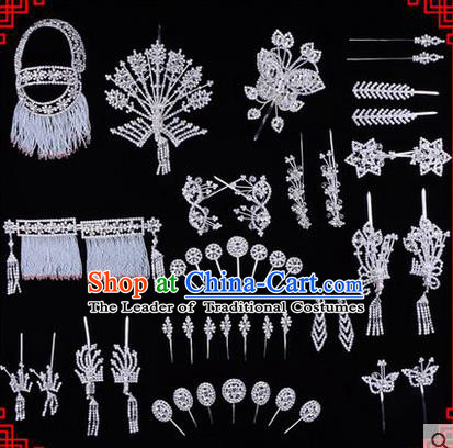 Chinese Ancient Peking Opera Head Accessories Diva White Crystal Phoenix Coronet Hairpins, Traditional Chinese Beijing Opera Princess Hua Tan Hair Clasp Head-ornaments Complete Set