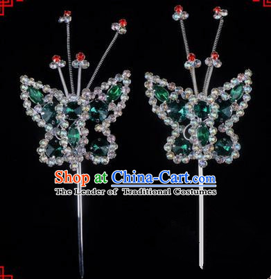 Chinese Ancient Peking Opera Head Accessories Diva Green Crystal Beads Butterfly Hairpins, Traditional Chinese Beijing Opera Princess Hua Tan Hair Clasp Head-ornaments
