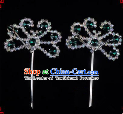 Chinese Ancient Peking Opera Hair Accessories Young Lady Diva Green Crystal Beads Hairpins, Traditional Chinese Beijing Opera Hua Tan Head Ornaments Hair Clasp