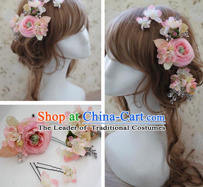 Top Grade Handmade Wedding Bride Hair Accessories Headwear Pink Peach Flower Hairpins, Traditional Princess Baroque Headpiece for Women
