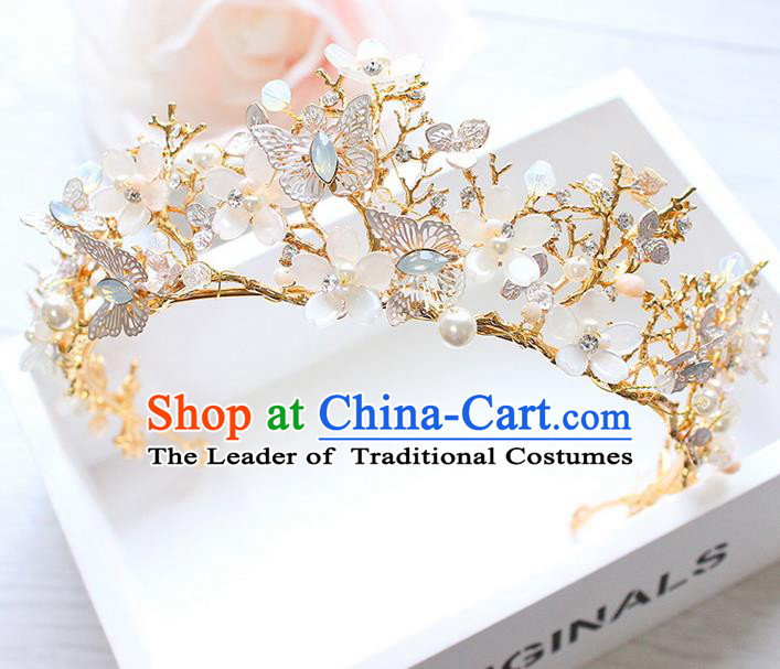 Top Grade Handmade Wedding Hair Accessories Bride Luxury Crystal Butterfly Golden Crown, Traditional Baroque Princess Royal Crown Wedding Headwear for Women
