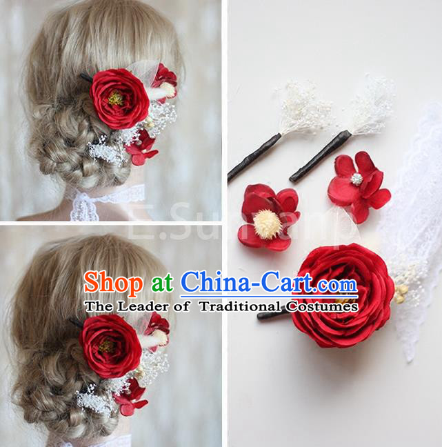 Top Grade Handmade Wedding Bride Hair Accessories Red Flowers Hair Clips Complete Set, Traditional Princess Baroque Hair Stick Headpiece for Women