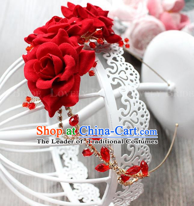 Top Grade Handmade Wedding Bride Hair Accessories Red Flowers Headband, Traditional Princess Baroque Rose Hair Clasp Headpiece for Women