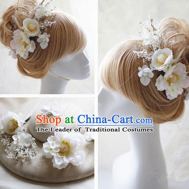 Top Grade Handmade Wedding Bride Hair Accessories White Silk Flower Hair Stick Complete Set, Traditional Princess Baroque Hairpins Headpiece for Women