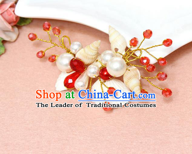 Top Grade Handmade Wedding Bride Hair Accessories Pearl Shell Hair Claws, Traditional Princess Baroque Red Beads Hair Stick Headpiece for Women