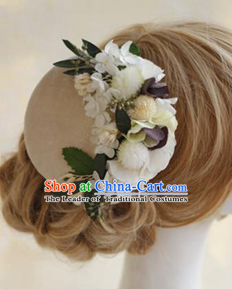 Top Grade Handmade Wedding Bride Hair Accessories Beige Flowers Hats, Traditional Princess Baroque Top Hat Headpiece for Women