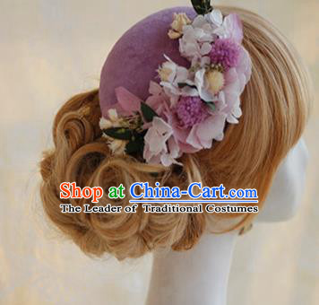 Top Grade Handmade Wedding Bride Hair Accessories Purple Flowers Hats, Traditional Princess Baroque Top Hat Headpiece for Women