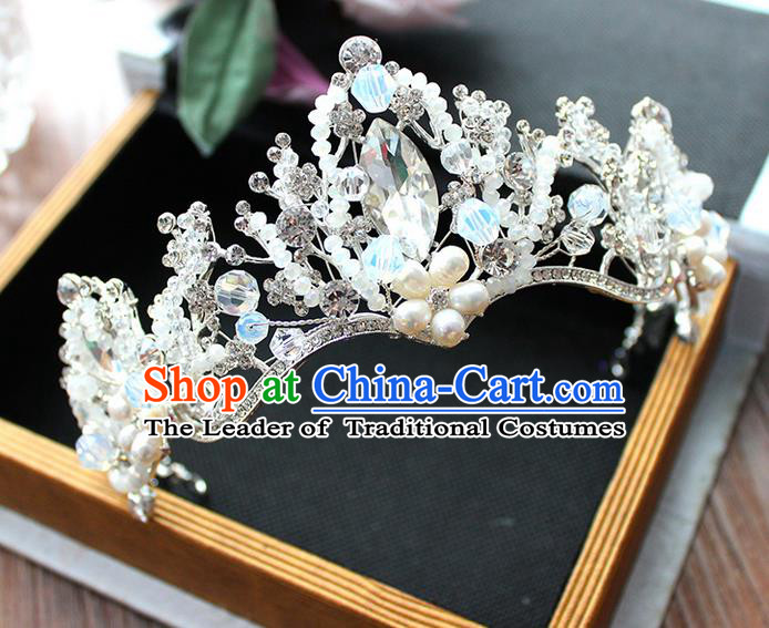 Top Grade Handmade Wedding Hair Accessories Bride Luxury Pearl Queen Crown, Traditional Baroque Crystal Royal Crown Wedding Headwear for Women