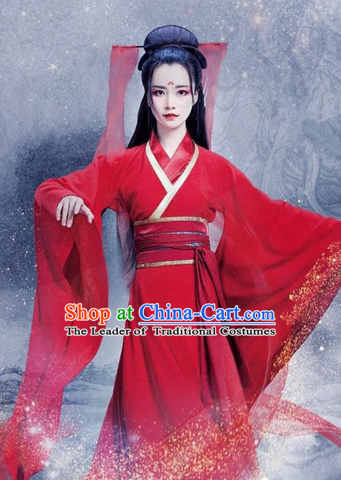 Traditional Ancient Chinese Swordswoman Costume and Handmade Headpiece Complete Set, Elegant Hanfu Clothing Chinese Young Lady Red Dress Clothing
