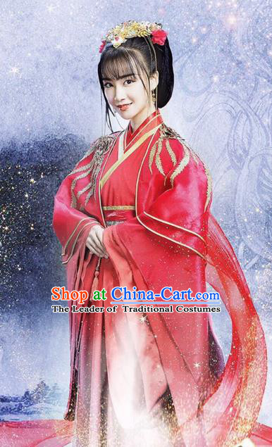 Traditional Ancient Chinese Imperial Princess Wedding Costume and Handmade Headpiece Complete Set, Elegant Hanfu Clothing Chinese Bride Embroidered Dress Clothing