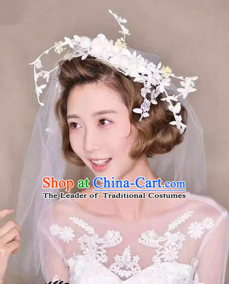Top Grade Handmade Wedding Bride Hair Accessories Lace Veil Hair Clasp, Traditional Princess Baroque Headband Headpiece for Women