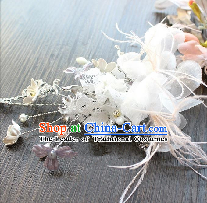 Top Grade Handmade Wedding Bride Hair Accessories Lace Bowknot Hair Stick, Traditional Princess Baroque Hair Claw Headpiece for Women