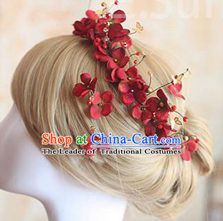 Top Grade Handmade Wedding Bride Hair Accessories Red Hair Stick, Traditional Princess Baroque Hair Clasp Headpiece for Women