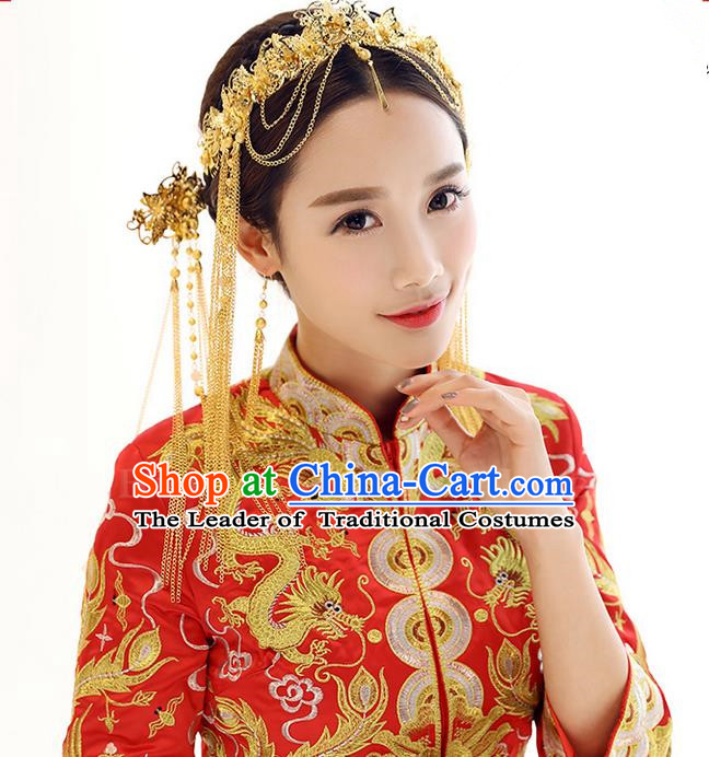 Top Grade Chinese Handmade Wedding Hair Accessories Golden Forehead Ornament, Traditional China Xiuhe Suit Phoenix Coronet Bride Tassel Hairpins Headdress Complete Set for Women
