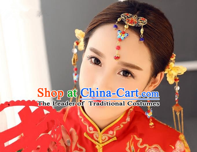 Top Grade Chinese Handmade Wedding Hair Accessories Forehead Ornament, Traditional China Xiuhe Suit Bride Tassel Blueing Hairpins Headdress for Women