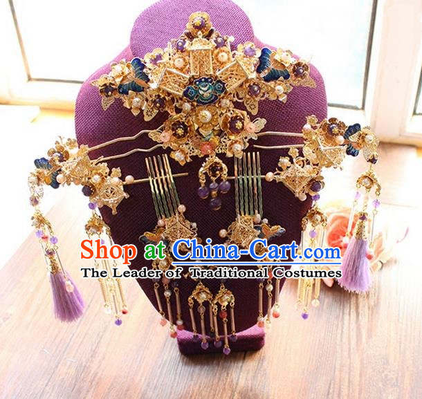 Top Grade Chinese Handmade Wedding Hair Accessories Tassel Step Shake Complete Set, Traditional China Xiuhe Suit Phoenix Coronet Bride Hairpins Headdress for Women
